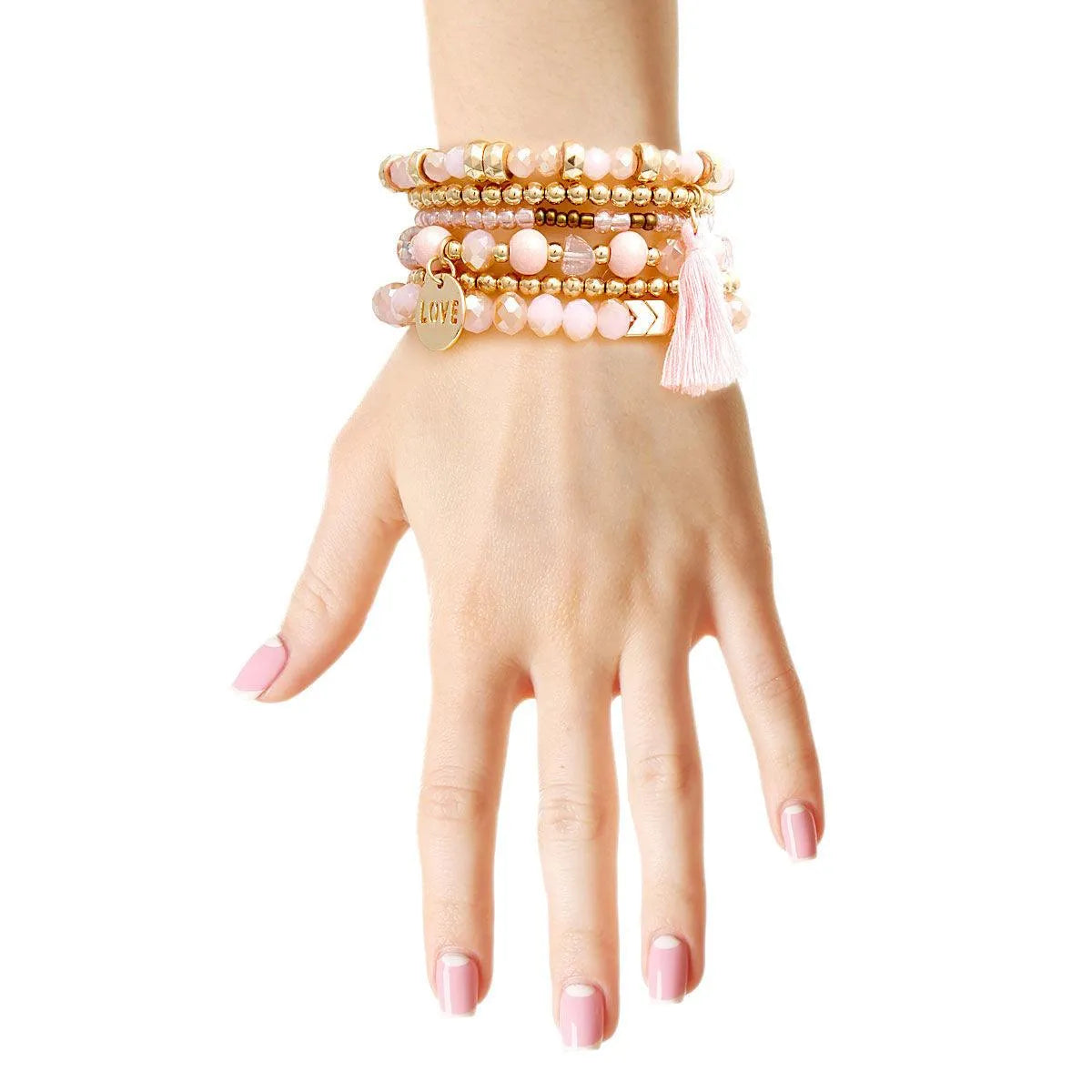 Light Pink Stretch Bracelet Set Tassel Love Charm Pinktown