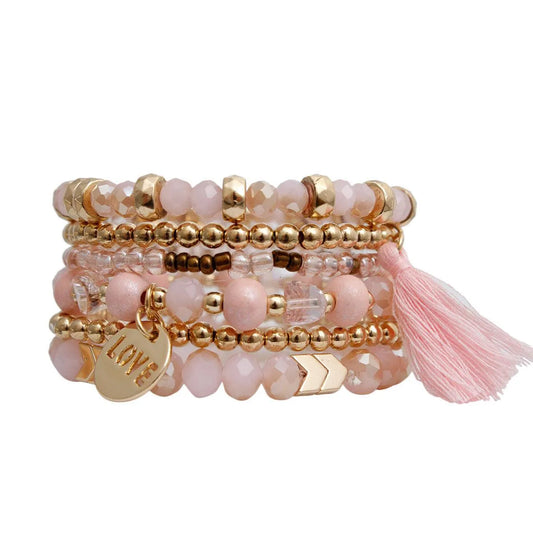 Light Pink Stretch Bracelet Set Tassel Love Charm Jewelry Bubble