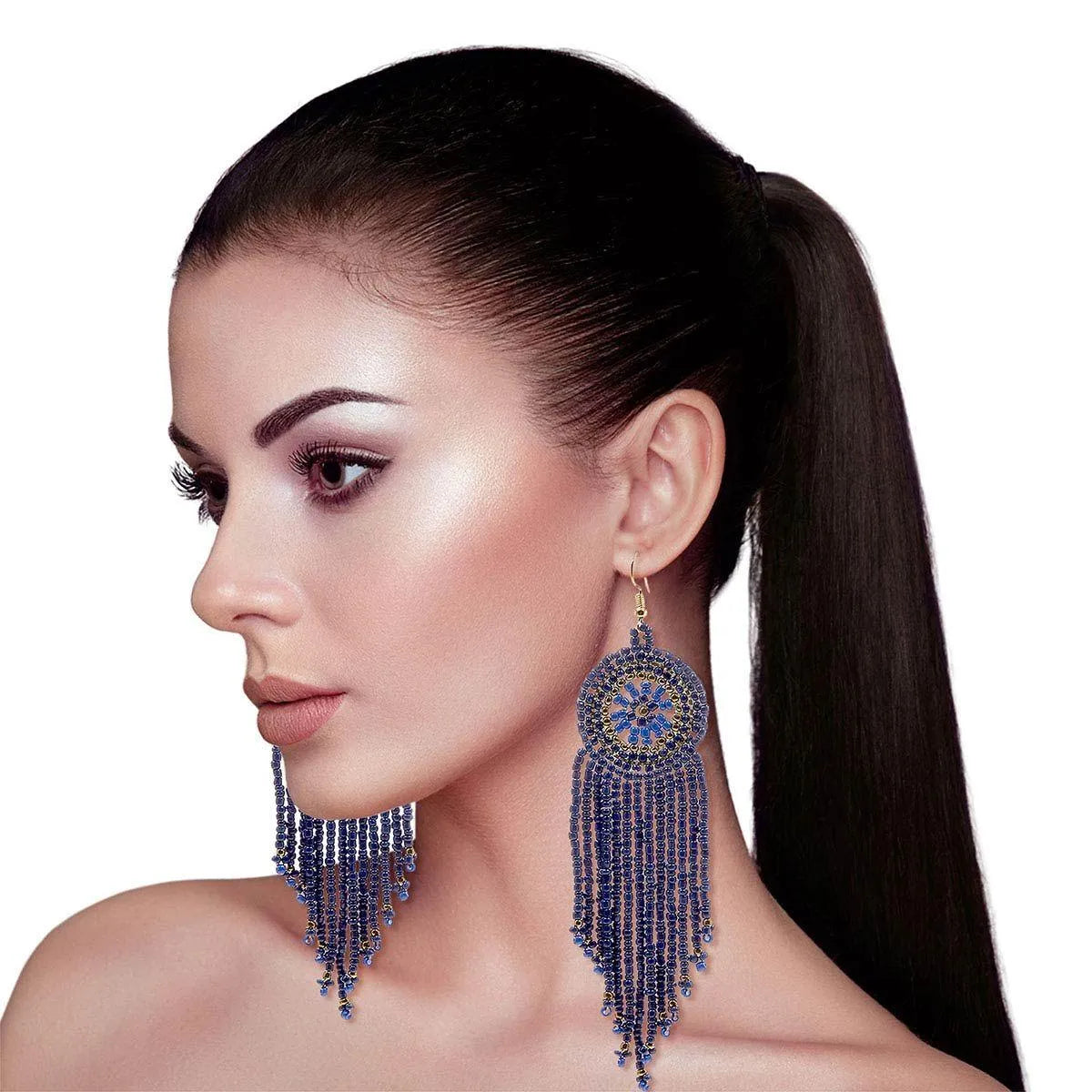 Long Dangle Bead Fringe Earrings Blue Seeds Jewelry Bubble