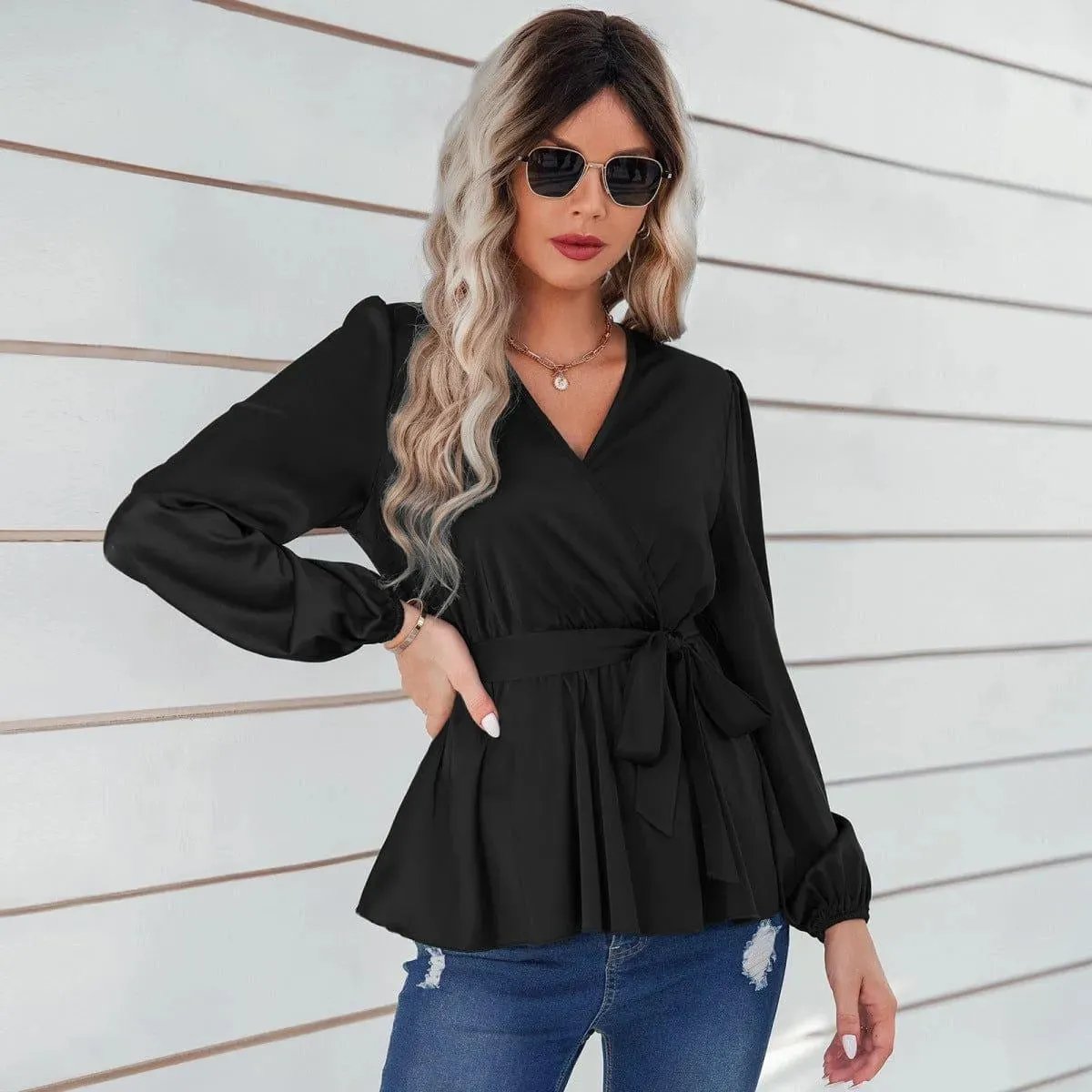 Long Puff Sleeve Tie Waist Top