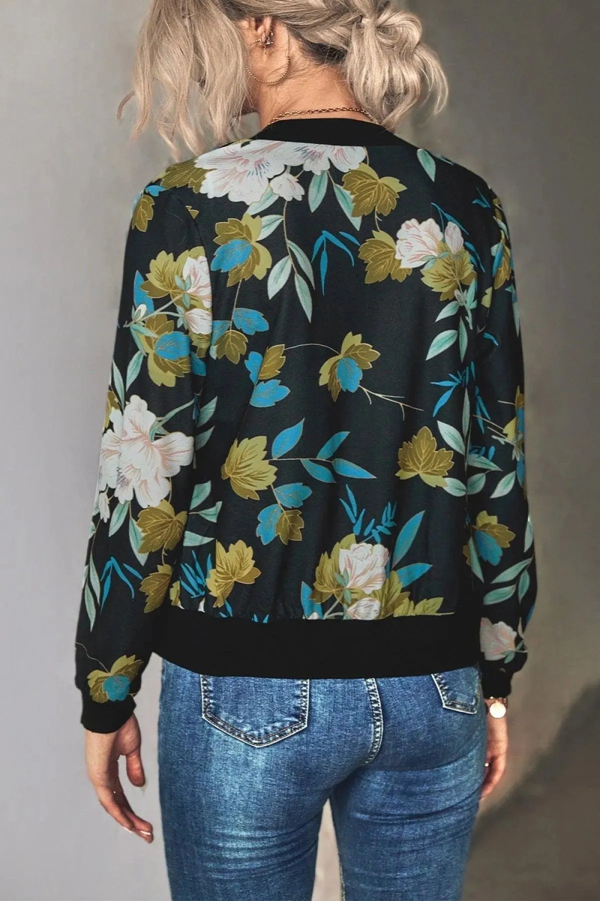 Long-Sleeve Floral Zipper Jacket for Women