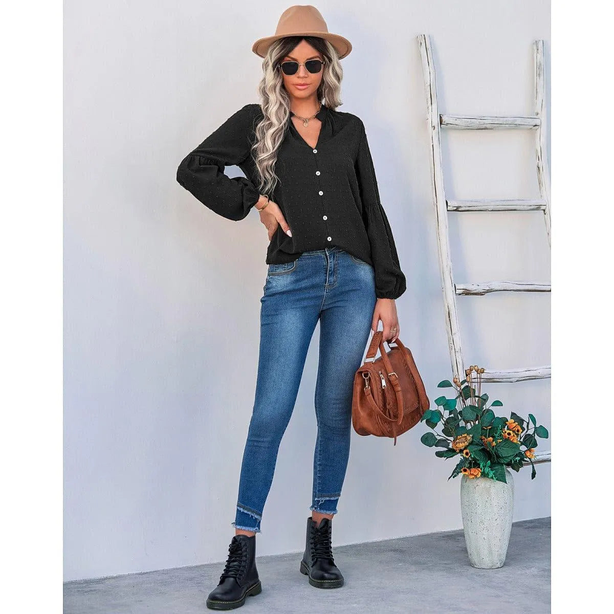 Long Sleeve Swiss Dot Pullover Blouse Jewelry Bubble