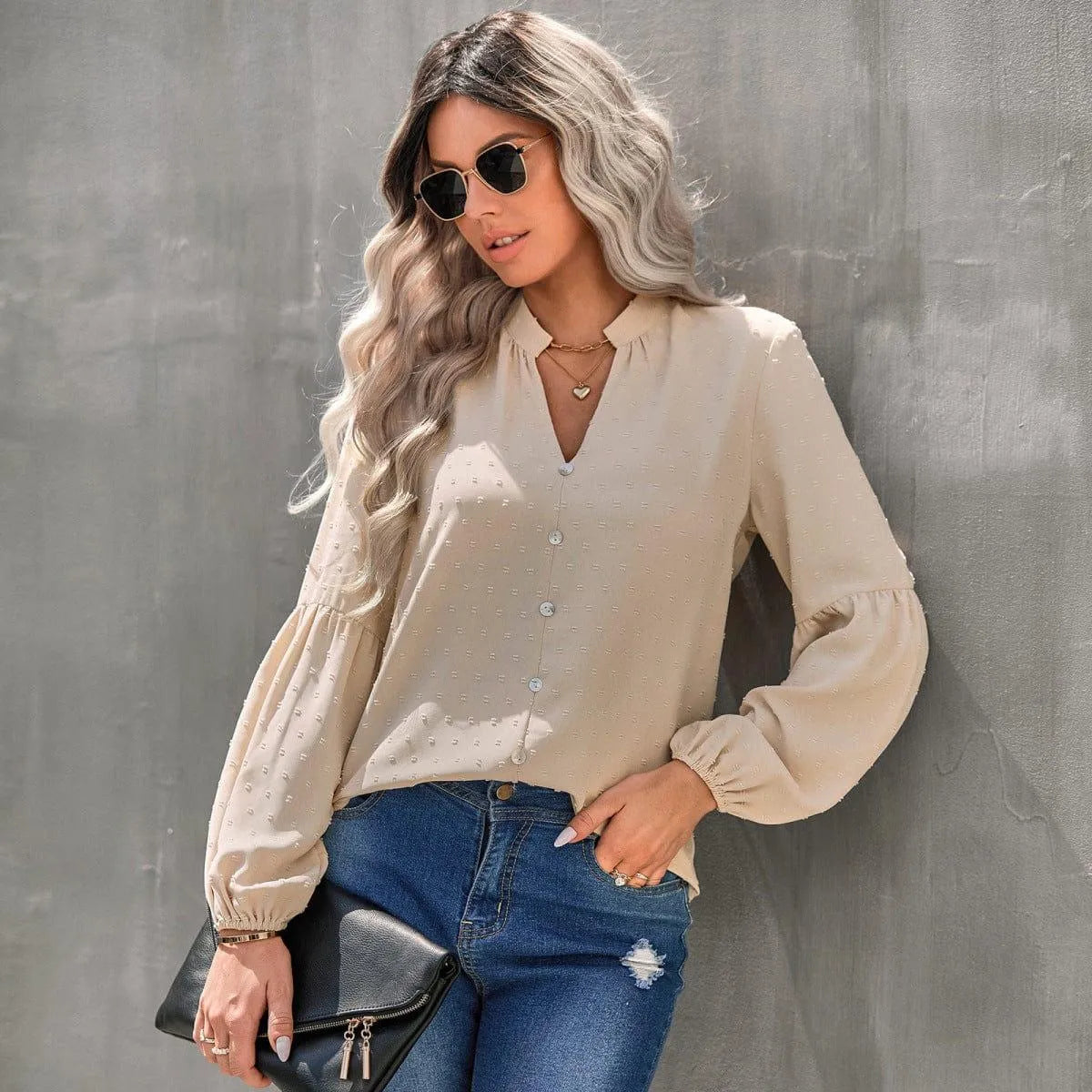 Long Sleeve Swiss Dot Pullover Blouse Jewelry Bubble