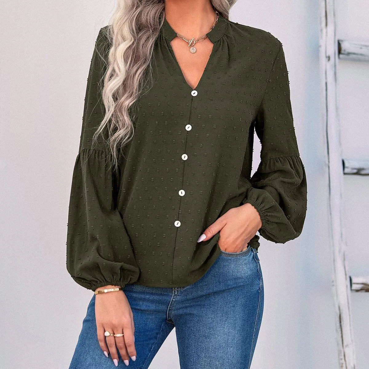 Long Sleeve Swiss Dot Pullover Blouse Jewelry Bubble