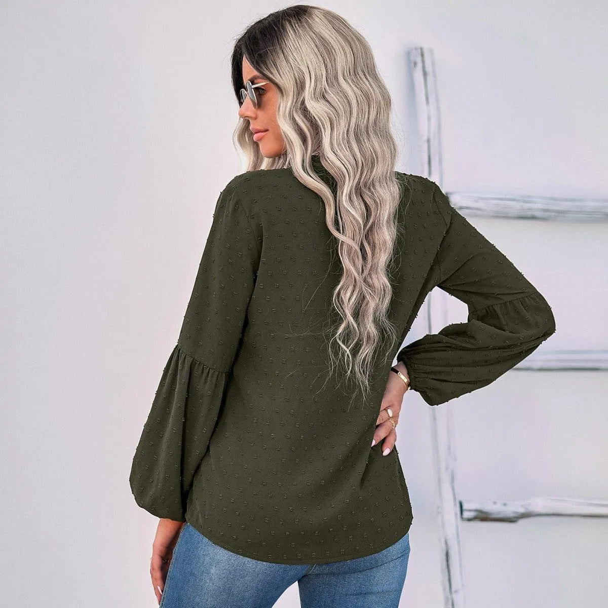Long Sleeve Swiss Dot Pullover Blouse Jewelry Bubble