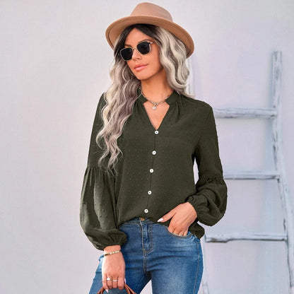 Long Sleeve Swiss Dot Pullover Blouse Jewelry Bubble
