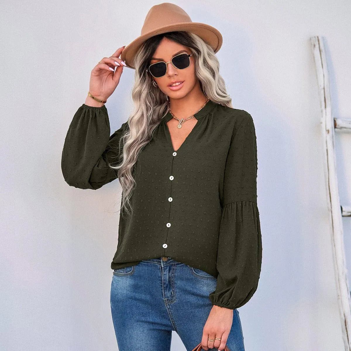 Long Sleeve Swiss Dot Pullover Blouse Jewelry Bubble
