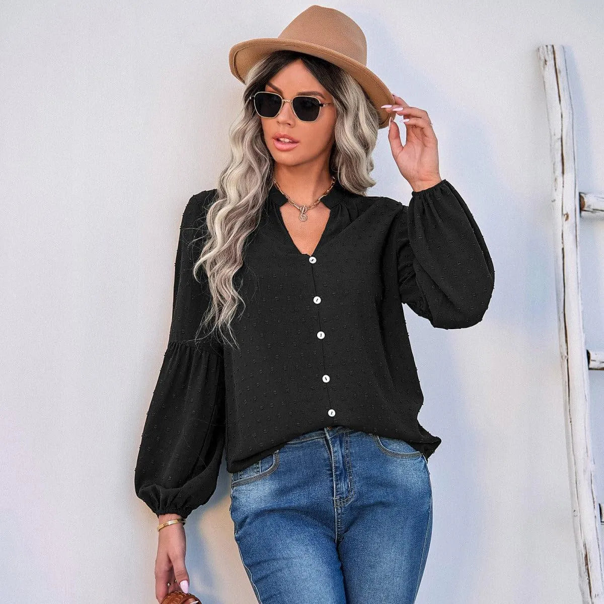 Long Sleeve Swiss Dot Pullover Blouse Jewelry Bubble