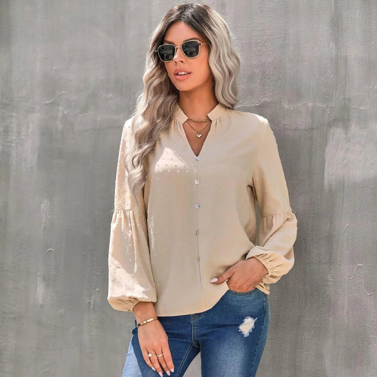 Long Sleeve Swiss Dot Pullover Blouse Jewelry Bubble