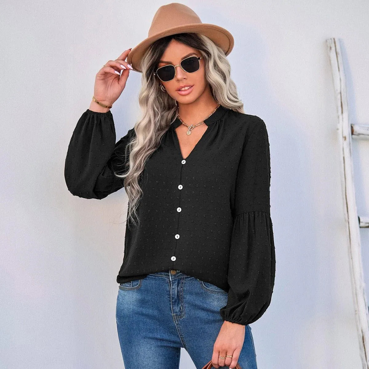 Long Sleeve Swiss Dot Pullover Blouse Jewelry Bubble