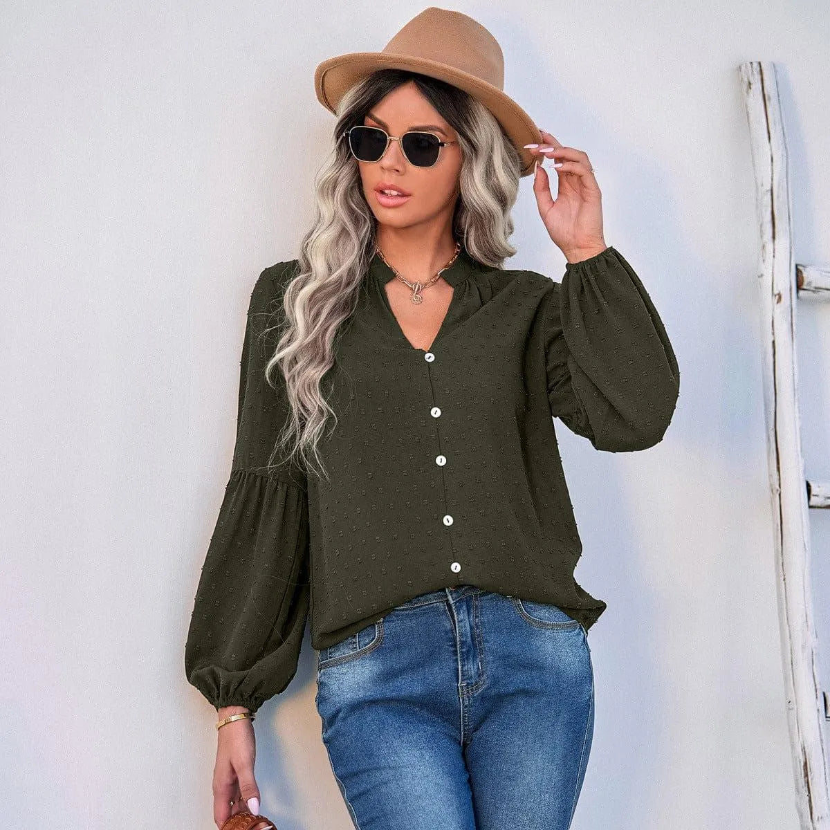 Long Sleeve Swiss Dot Pullover Blouse Jewelry Bubble