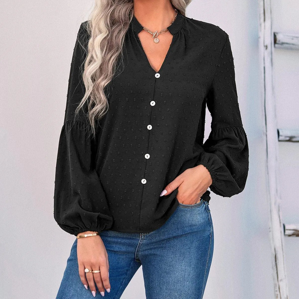 Long Sleeve Swiss Dot Pullover Blouse Jewelry Bubble