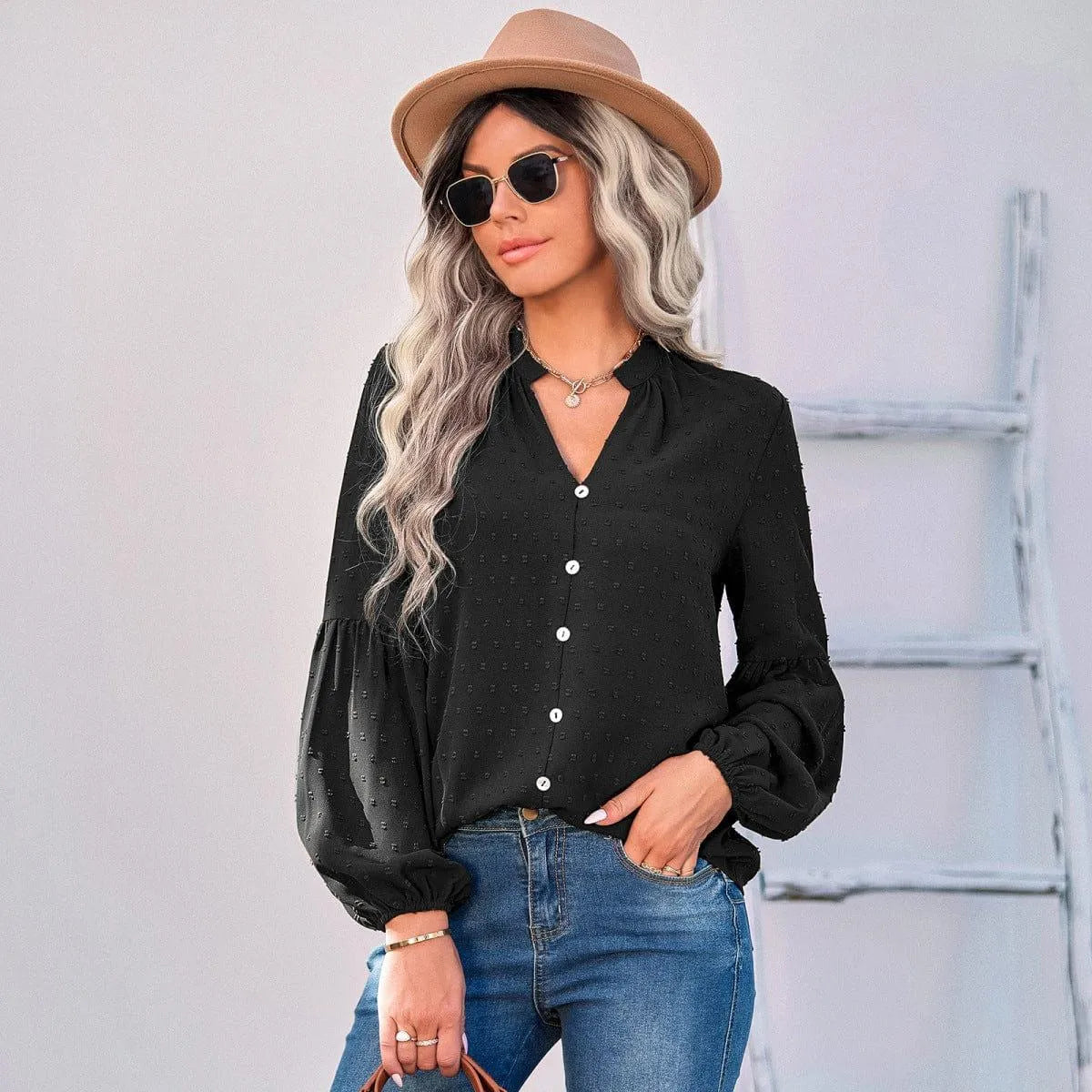 Long Sleeve Swiss Dot Pullover Blouse Jewelry Bubble