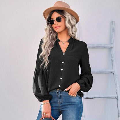 Long Sleeve Swiss Dot Pullover Blouse Jewelry Bubble