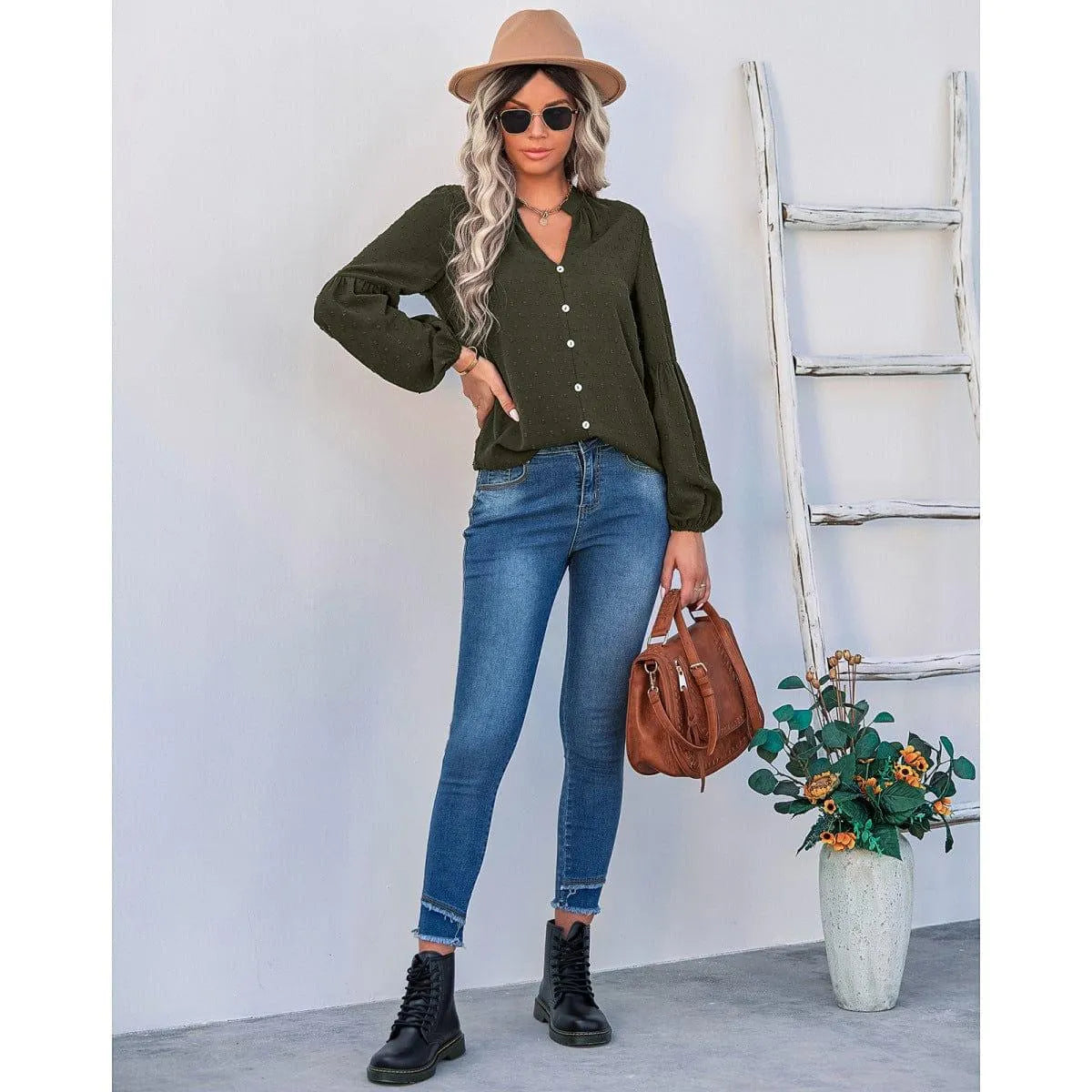 Long Sleeve Swiss Dot Pullover Blouse Jewelry Bubble