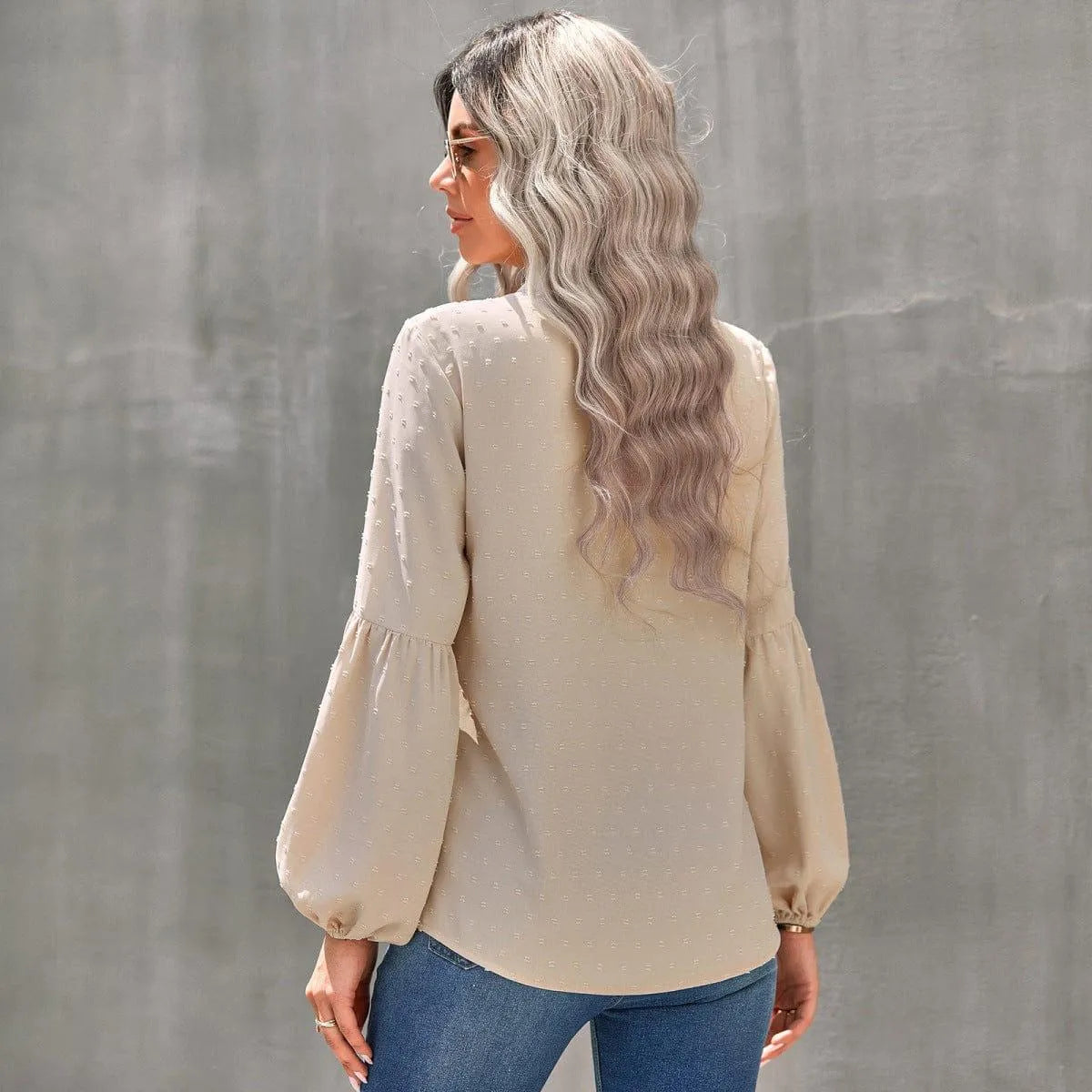 Long Sleeve Swiss Dot Pullover Blouse Jewelry Bubble