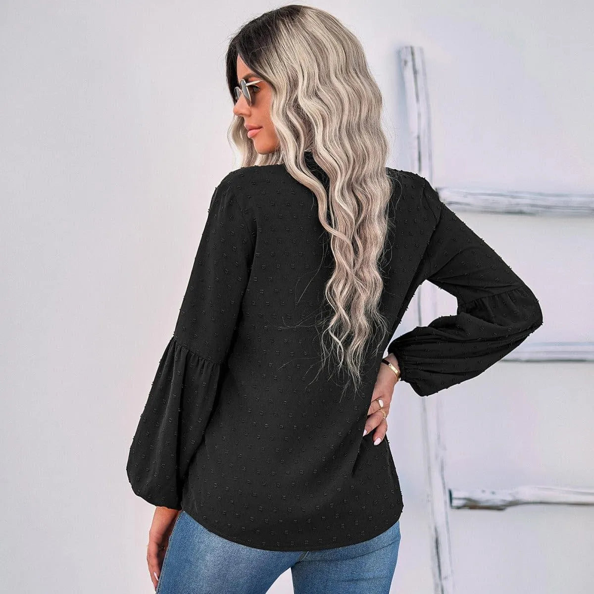 Long Sleeve Swiss Dot Pullover Blouse Jewelry Bubble