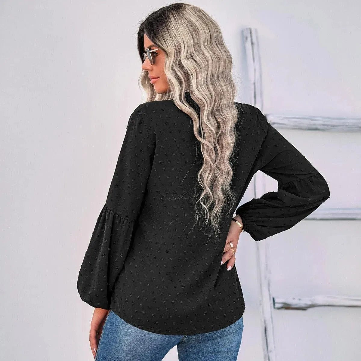 Long Sleeve Swiss Dot Pullover Blouse