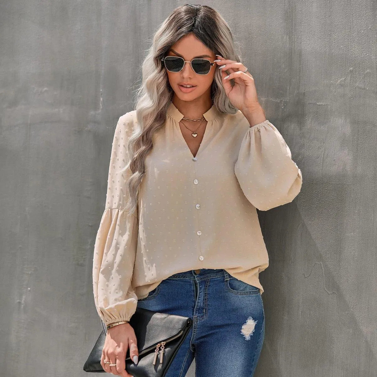 Long Sleeve Swiss Dot Pullover Blouse Jewelry Bubble