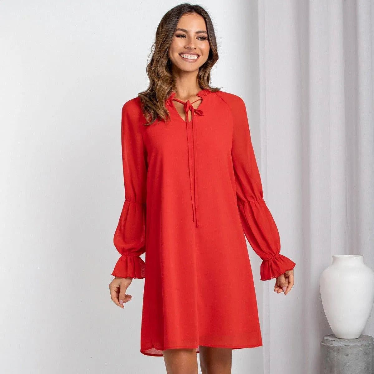 Long Sleeve Tie Neck Bell Sleeve Dress Jewelry Bubble