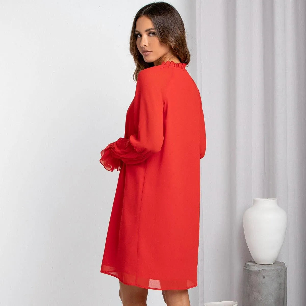 Long Sleeve Tie Neck Bell Sleeve Dress Jewelry Bubble