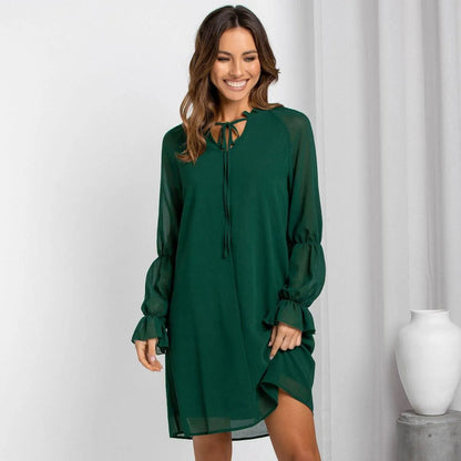 Long Sleeve Tie Neck Bell Sleeve Dress Jewelry Bubble