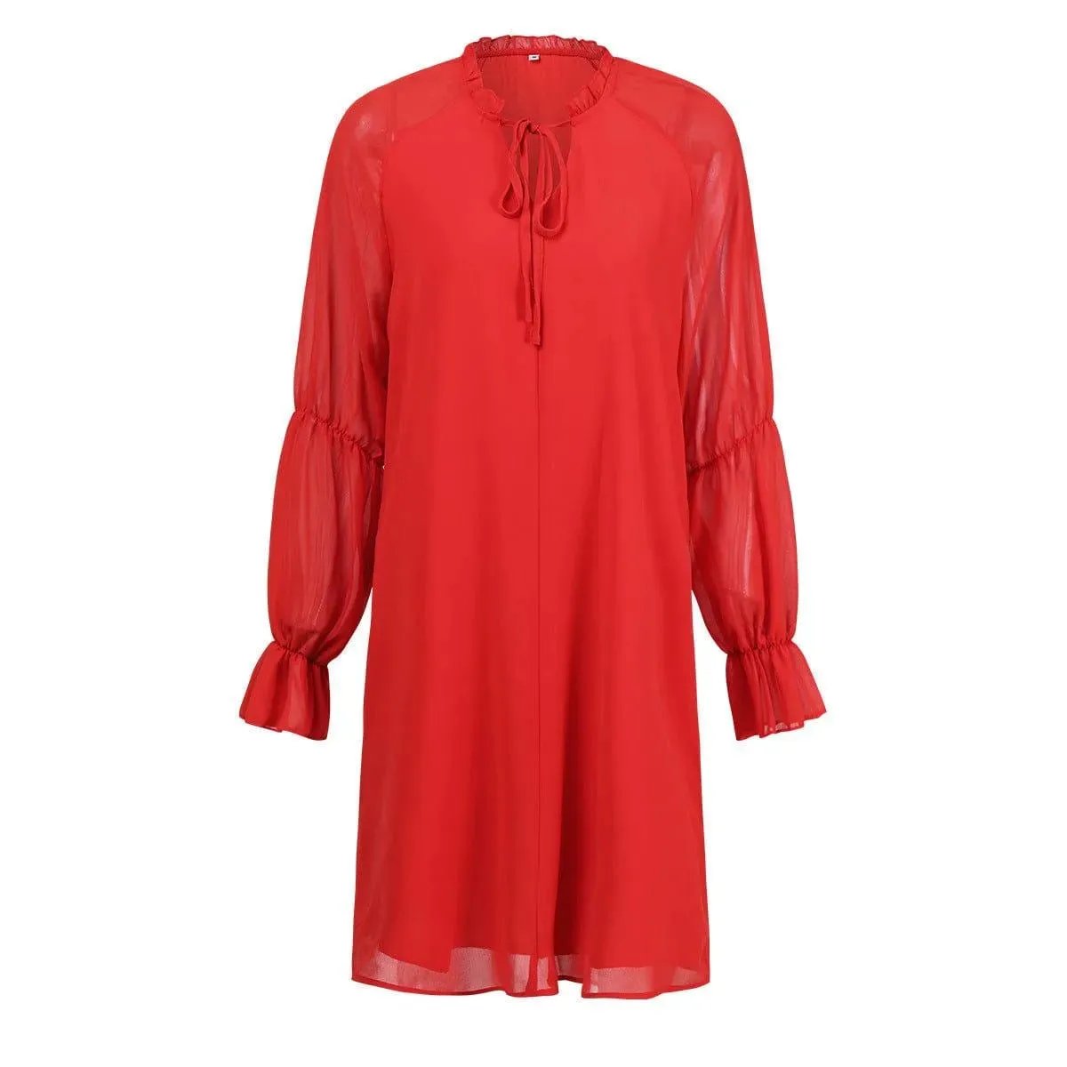 Long Sleeve Tie Neck Bell Sleeve Dress