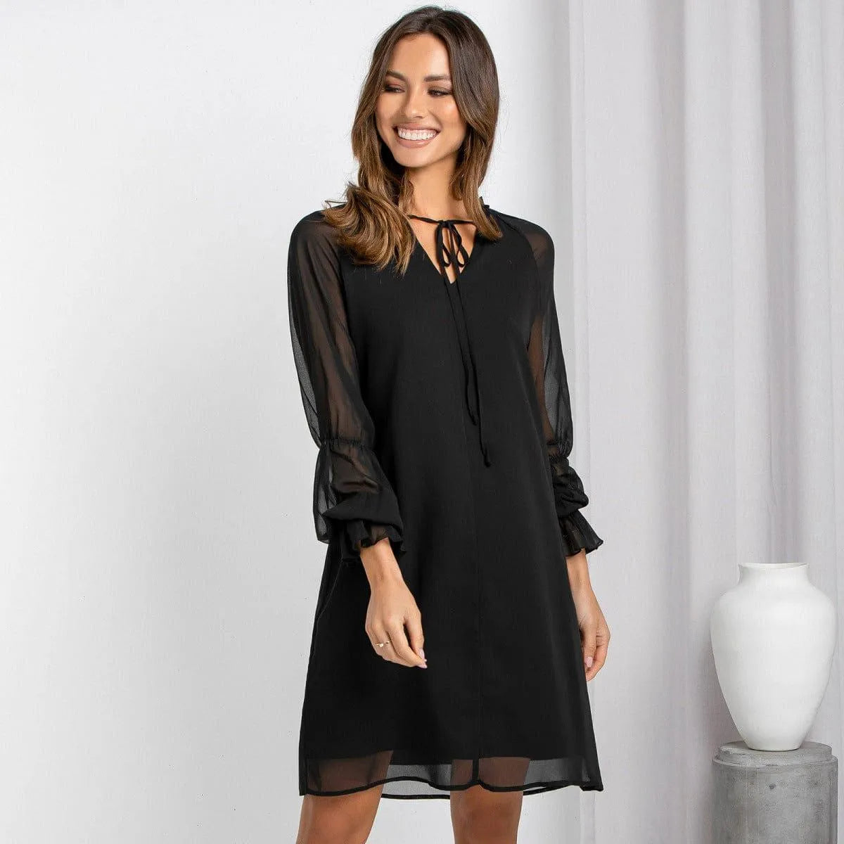 Long Sleeve Tie Neck Bell Sleeve Dress Jewelry Bubble