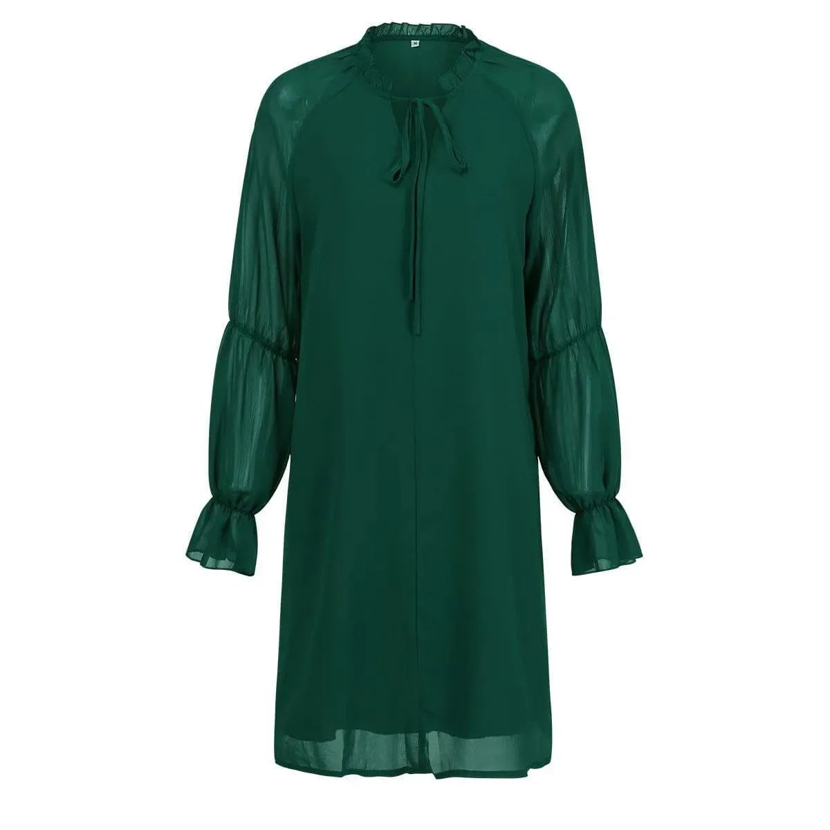 Long Sleeve Tie Neck Bell Sleeve Dress