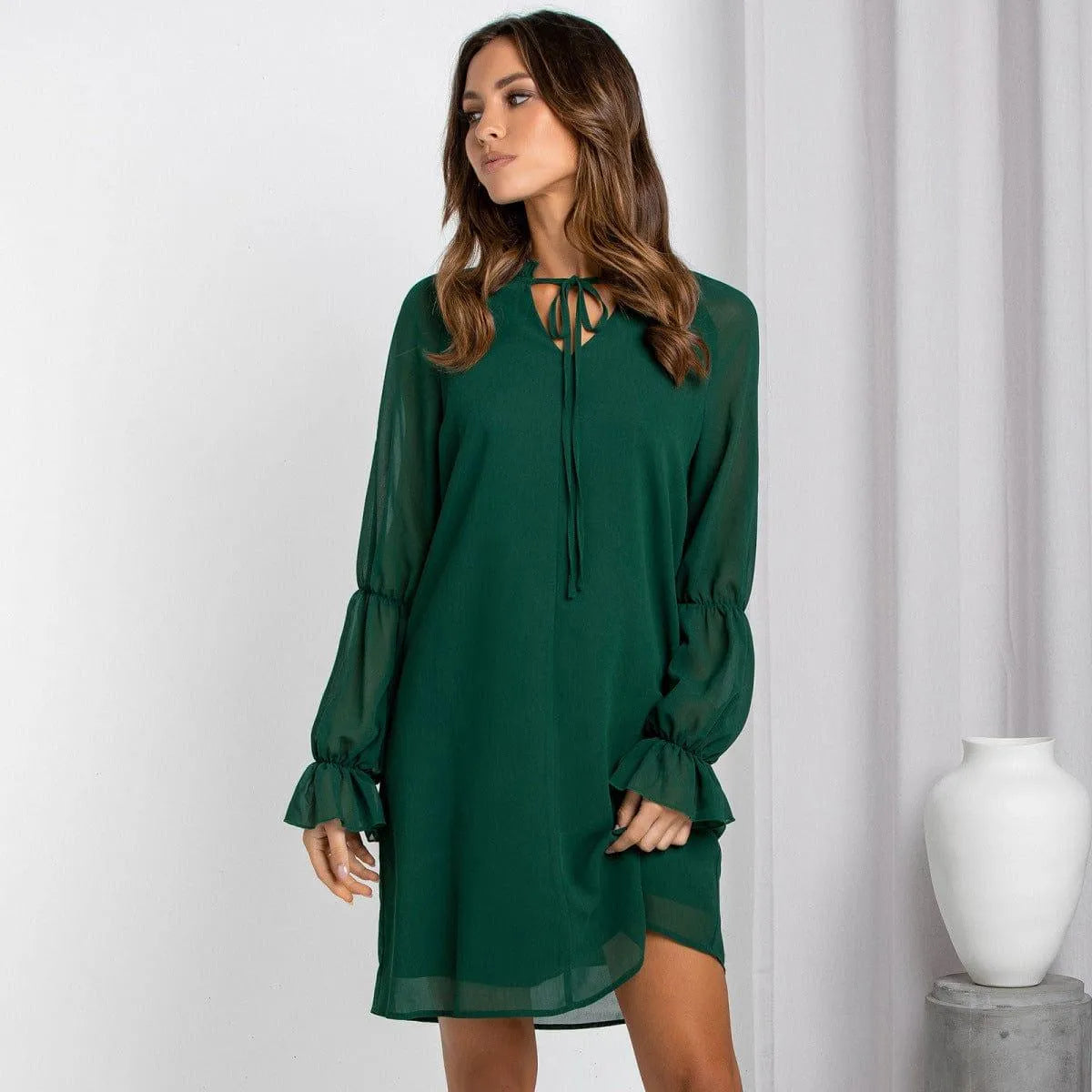 Long Sleeve Tie Neck Bell Sleeve Dress Jewelry Bubble