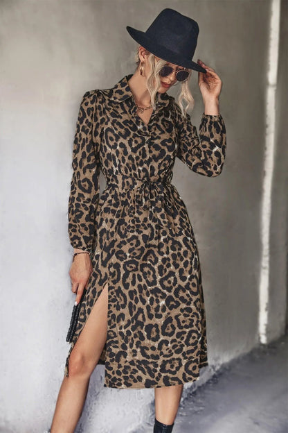 Long-Sleeved Slit Midi Dress in Leopard Print with Belt Jewelry Bubble