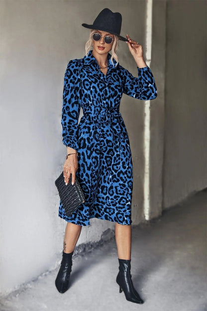 Long-Sleeved Slit Midi Dress in Leopard Print with Belt Jewelry Bubble