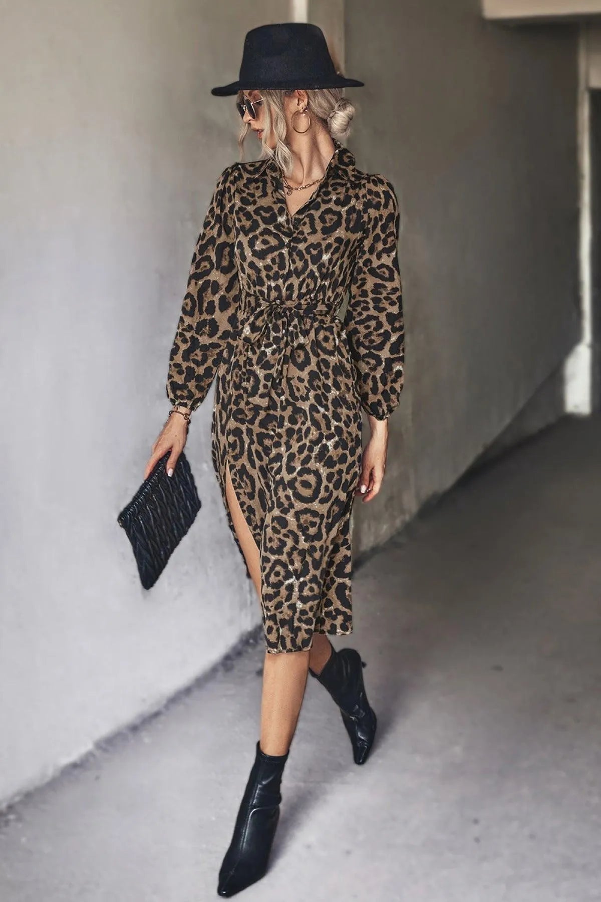 Long-Sleeved Slit Midi Dress in Leopard Print with Belt Jewelry Bubble