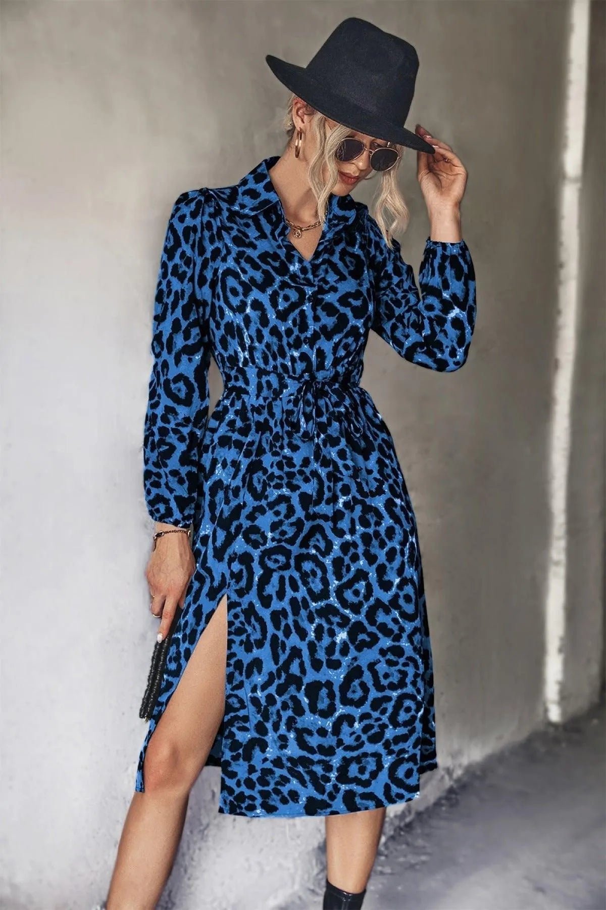 Long-Sleeved Slit Midi Dress in Leopard Print with Belt Jewelry Bubble