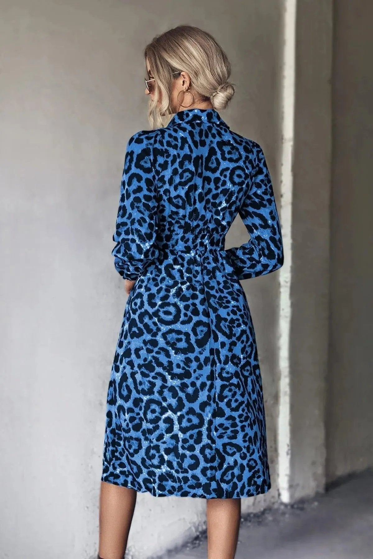 Long-Sleeved Slit Midi Dress in Leopard Print with Belt