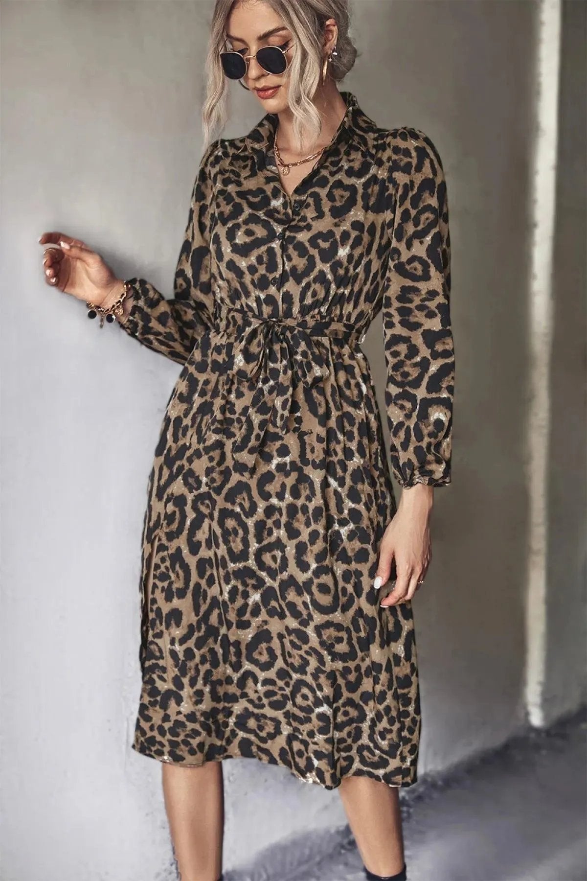 Long-Sleeved Slit Midi Dress in Leopard Print with Belt