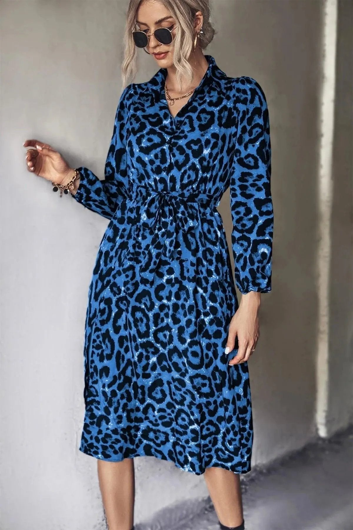 Long-Sleeved Slit Midi Dress in Leopard Print with Belt