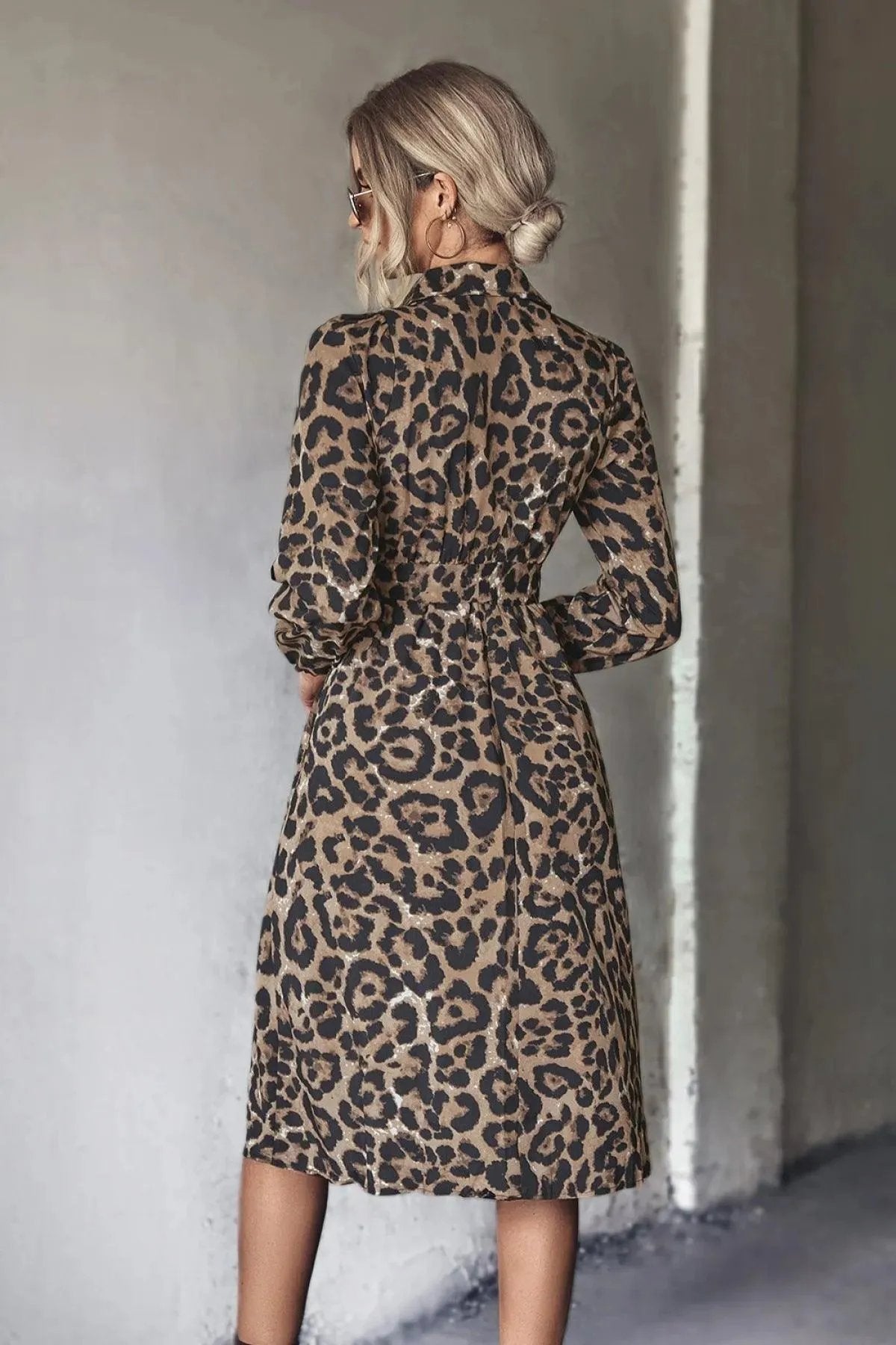Long-Sleeved Slit Midi Dress in Leopard Print with Belt