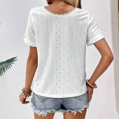 Look chic and stylish with our Lace Openwork V-Neck White Top - Order Today Jewelry Bubble