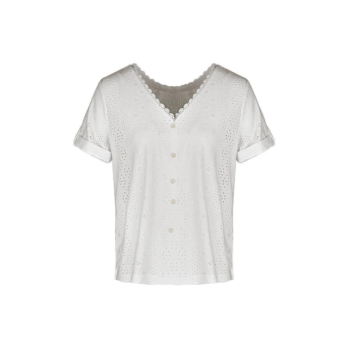 Look chic and stylish with our Lace Openwork V-Neck White Top - Order Today Jewelry Bubble