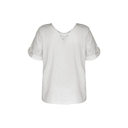 Look chic and stylish with our Lace Openwork V-Neck White Top - Order Today Jewelry Bubble