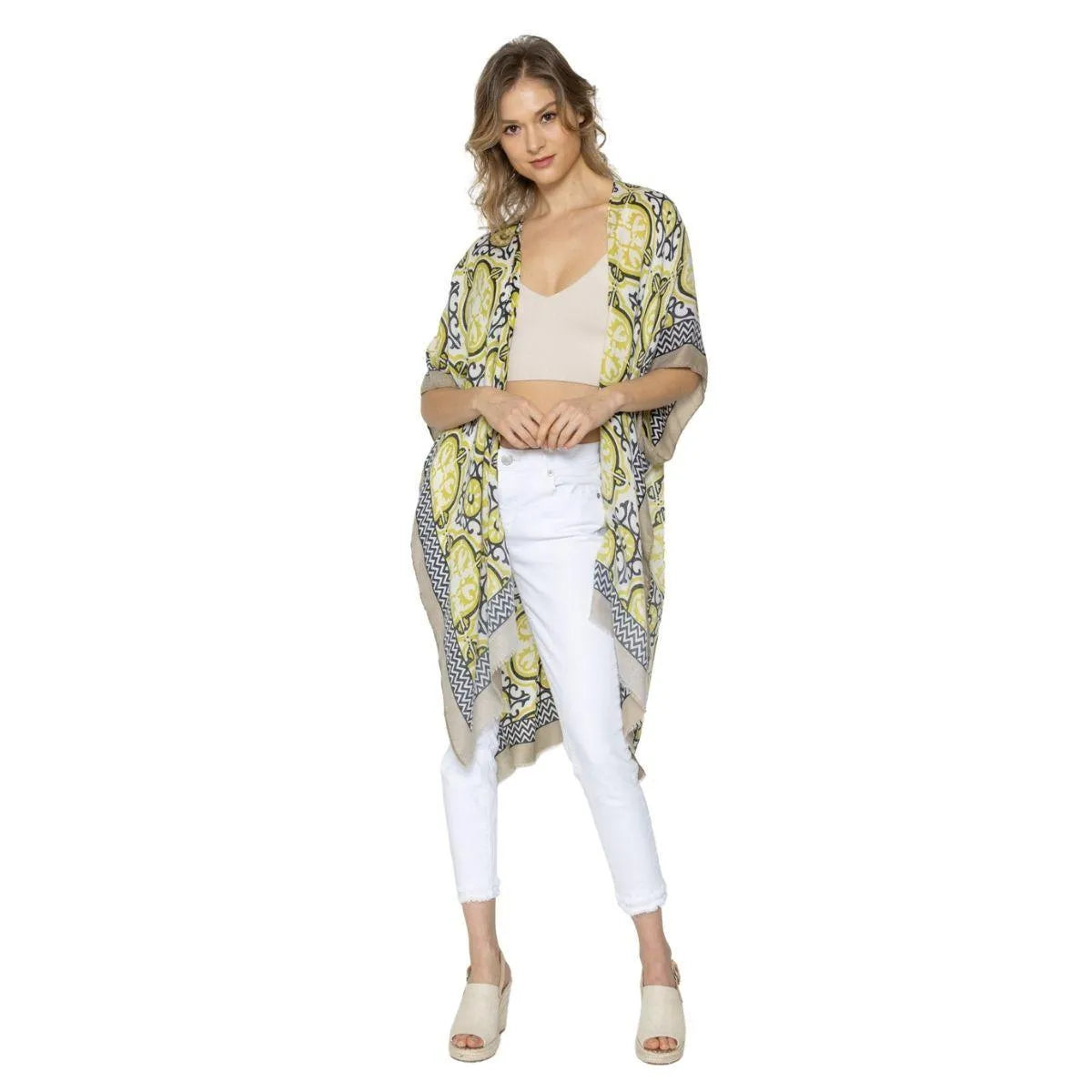 Look effortlessly stylish in Tile Print Kimono Top Jewelry Bubble