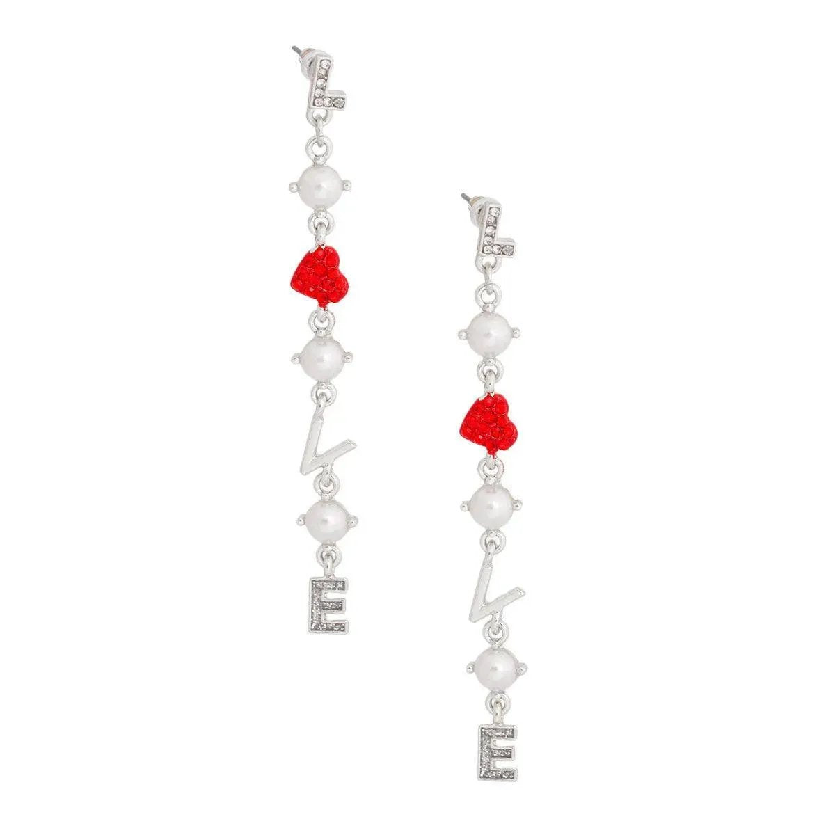 Love Faux Pearl Heart Dangle Earrings Silver Plated
