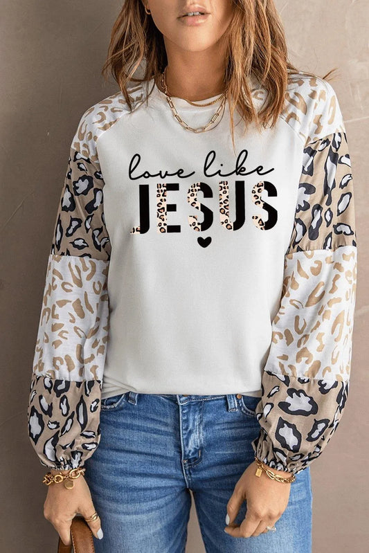 Love Like Jesus Leopard Block Bishop Sleeve Top Jewelry Bubble