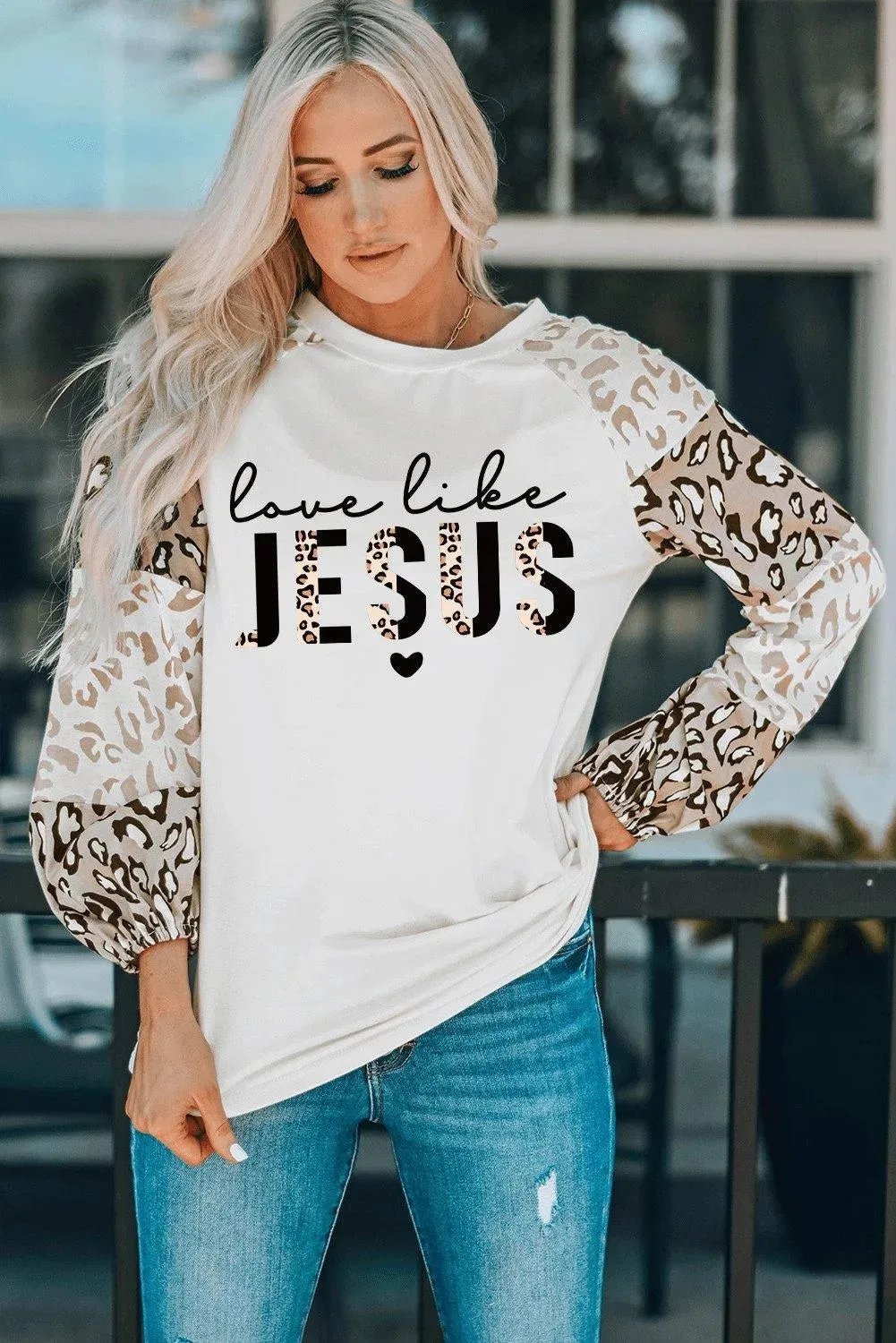 Love Like Jesus Leopard Block Bishop Sleeve Top