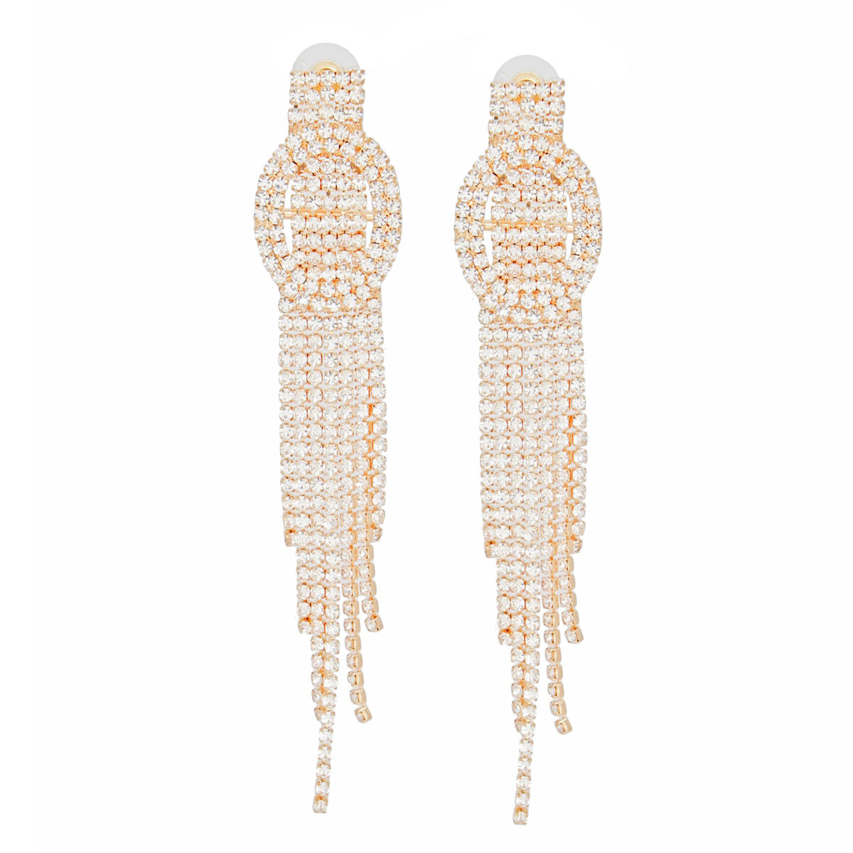 Luxe Clear Rhinestone Oval Buckle Fringe Gold Tone Earrings – Bold Drop Tassel Style for Glamorous Occasions Jewelry Bubble