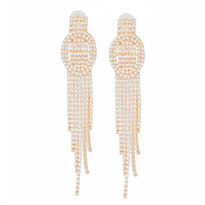 Luxe Clear Rhinestone Oval Buckle Fringe Gold Tone Earrings – Bold Drop Tassel Style for Glamorous Occasions Jewelry Bubble