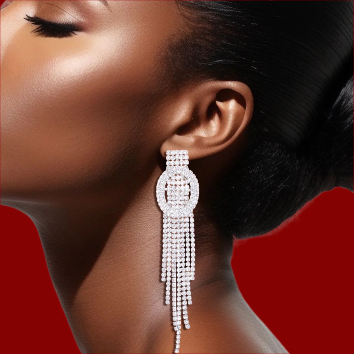 Luxe Clear Rhinestone Oval Buckle Fringe Silver Tone Earrings – Bold Drop Tassel Style for Glamorous Occasions Jewelry Bubble