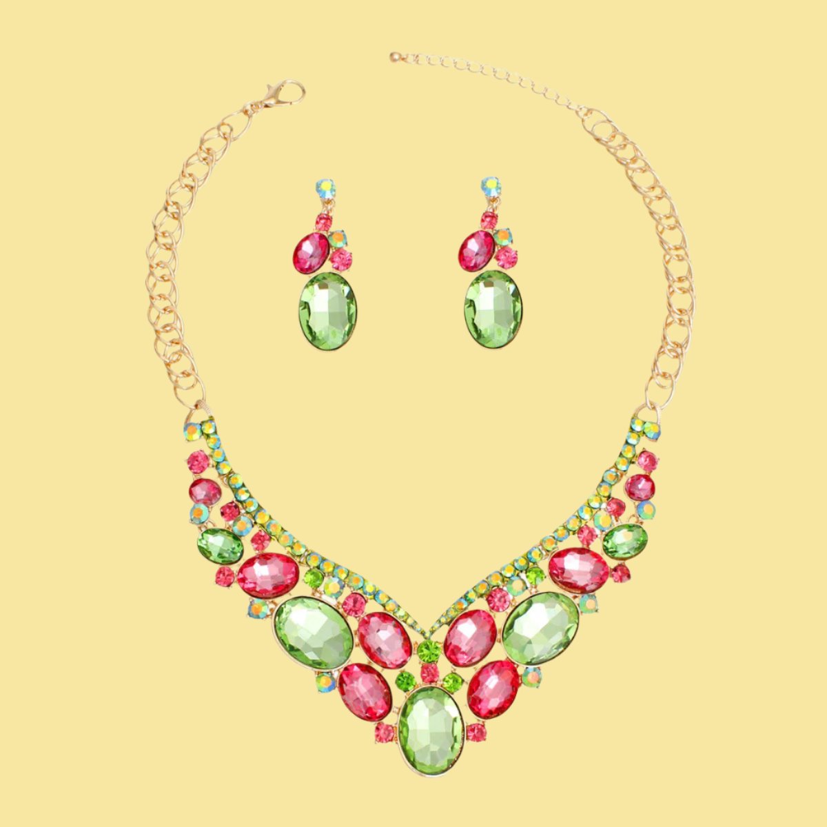 Luxe Pink and Green Crystal Statement Necklace Set - Formal Event Glamour Jewelry Bubble