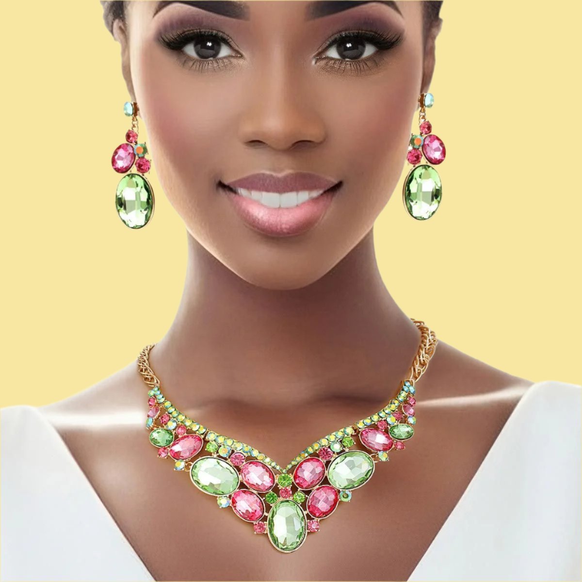 Luxe Pink and Green Crystal Statement Necklace Set - Formal Event Glamour Jewelry Bubble